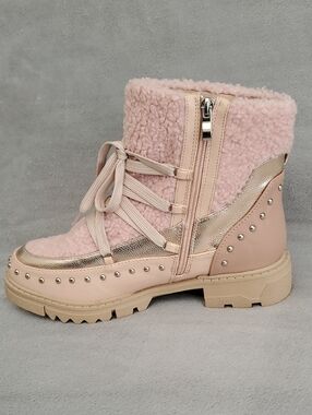 🆕️ NINETY UNION Snowball Pink Shearling Lace Up Studded Combat Boots SIZE: 11